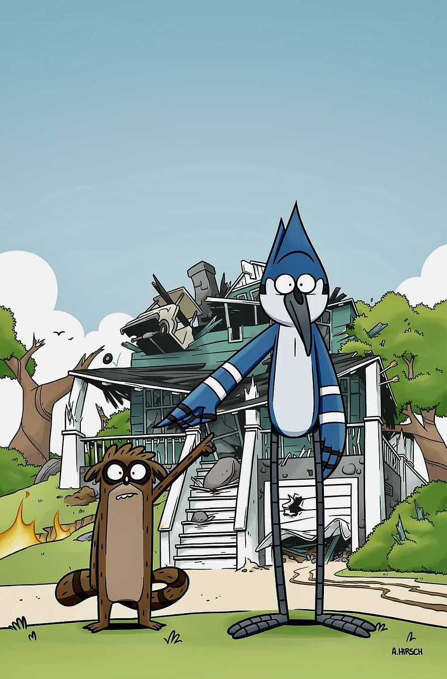 Regular Show Blue Jay and Rigby Standing Before a Destroyed House HD phone wallpaper