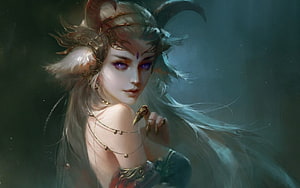 Ethereal Horned Demoness Fantasy Portrait with Flowing Silver Hair and Ornate Gold Jewelry HD wallpaper