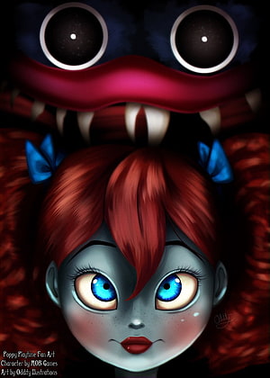 Poppy Playtime Character Art Featuring Huggy Wuggy and Red-Haired Girl with Blue Eyes HD phone wallpaper