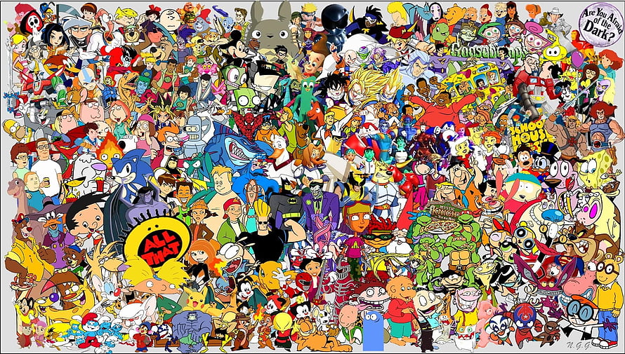 Massive 90s Cartoon Character Collage Featuring Classic Animation Heroes and Villains HD wallpaper