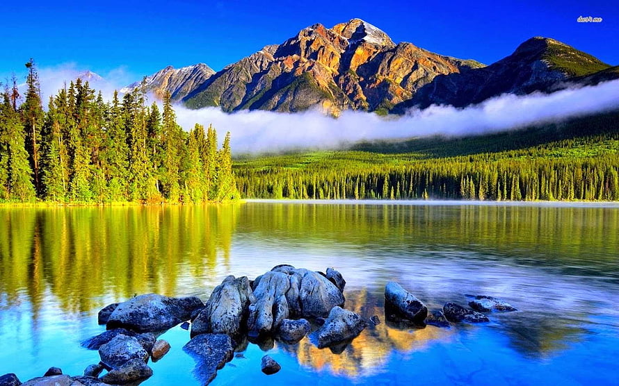 Serene Mountain Lake Landscape With Pine Forest And Rocky Shoreline HD wallpaper