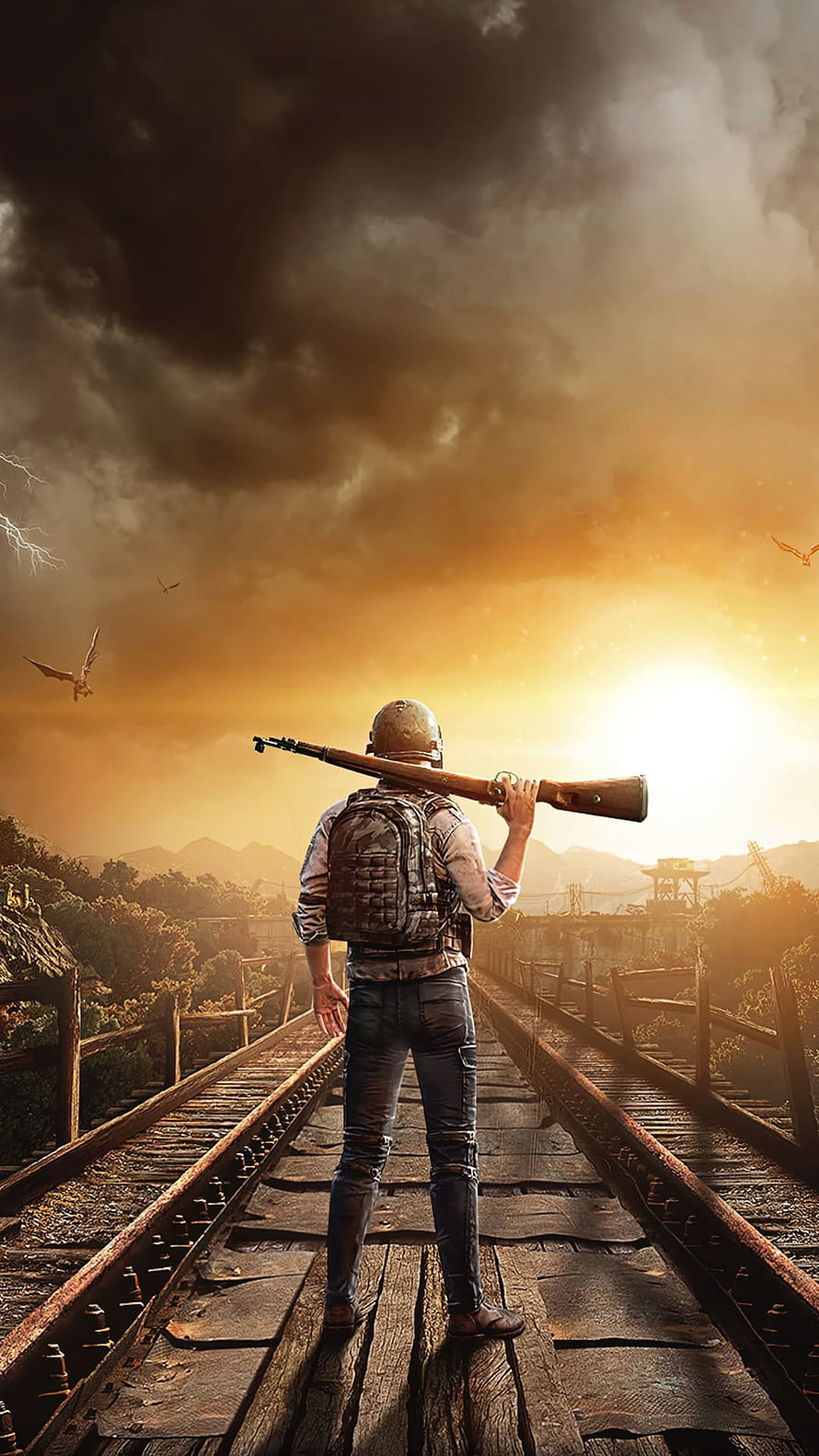 PUBG Survivor Standing on Rusty Train Tracks with Sniper Rifle at Golden Hour HD phone wallpaper