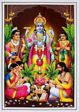 Lord Satyanarayana Swamy with family and devotees in traditional Indian temple art HD phone wallpaper