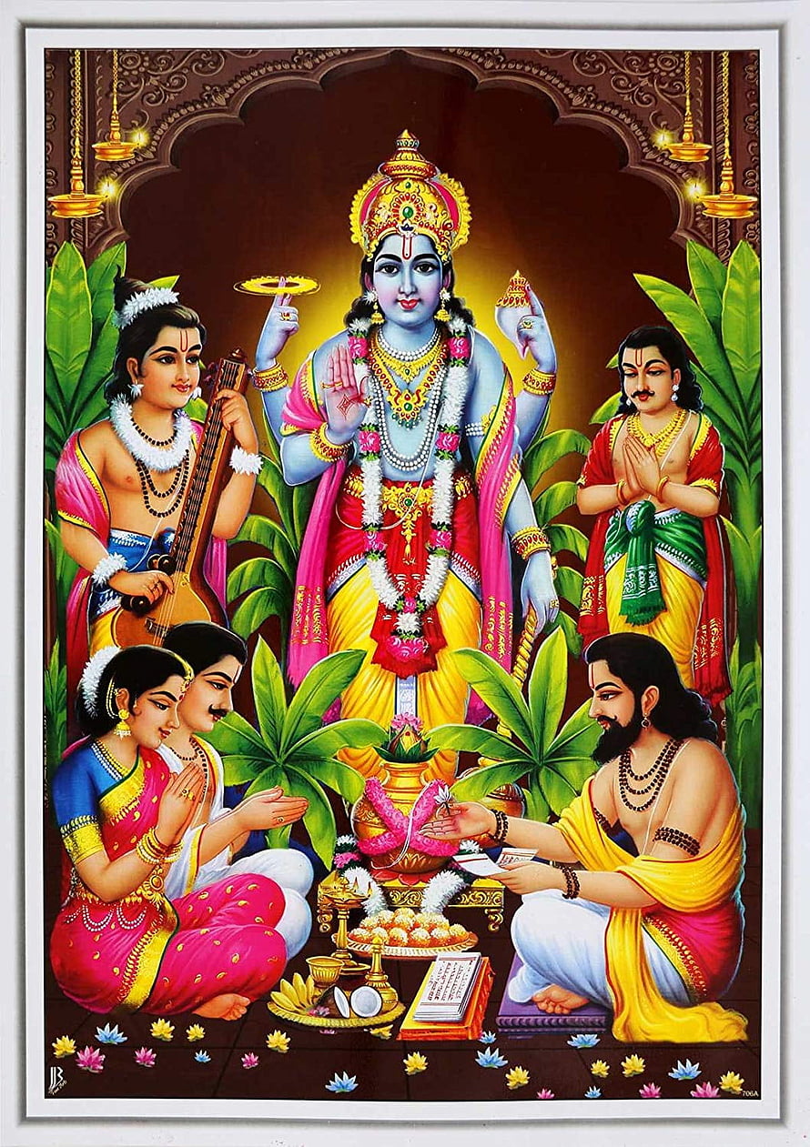 Lord Satyanarayana Swamy with family and devotees in traditional Indian temple art HD phone wallpaper