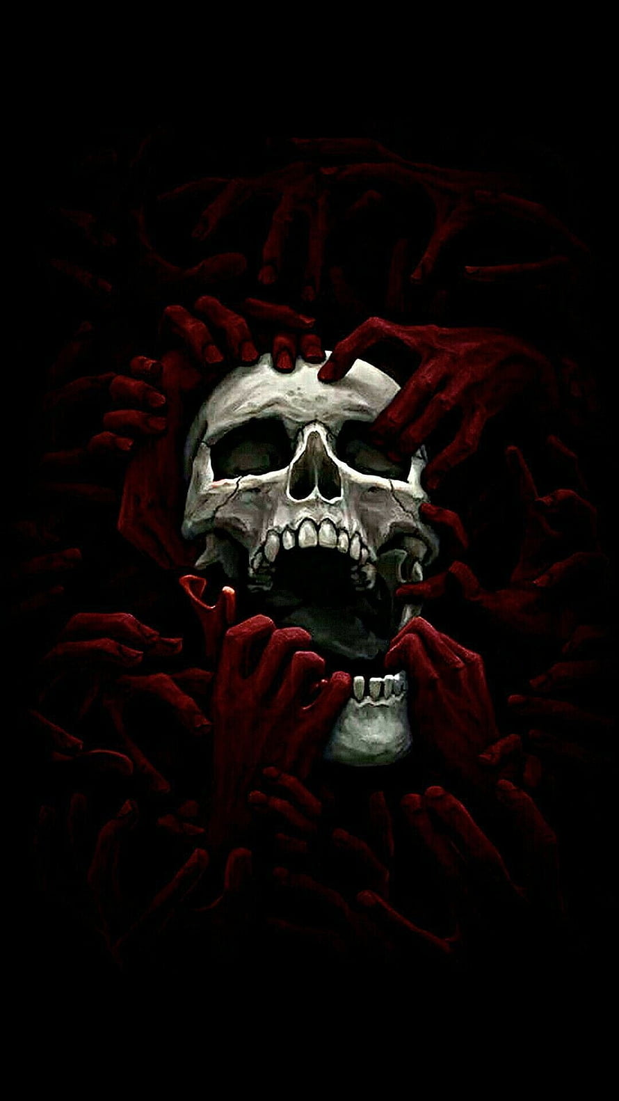 Human Skull Surrounded by Red Hands in Dark Horror Illustration HD phone wallpaper