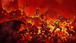 Doom Slayer Battling Demons in Hellish Inferno Landscape HD wallpaper