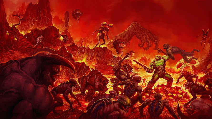 Doom Slayer Battling Demons in Hellish Inferno Landscape HD wallpaper