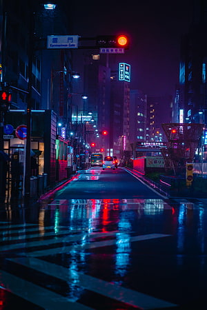 Rainy Night Street in Kamimairimon with Neon Reflections and Wet Asphalt HD phone wallpaper