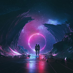 Couple Silhouetted Before Glowing Cosmic Ring in Neon Sci-Fi Canyon HD phone wallpaper