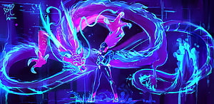 KDA Akali from League of Legends in a vibrant neon cyberpunk illustration with glowing dragon energy HD wallpaper