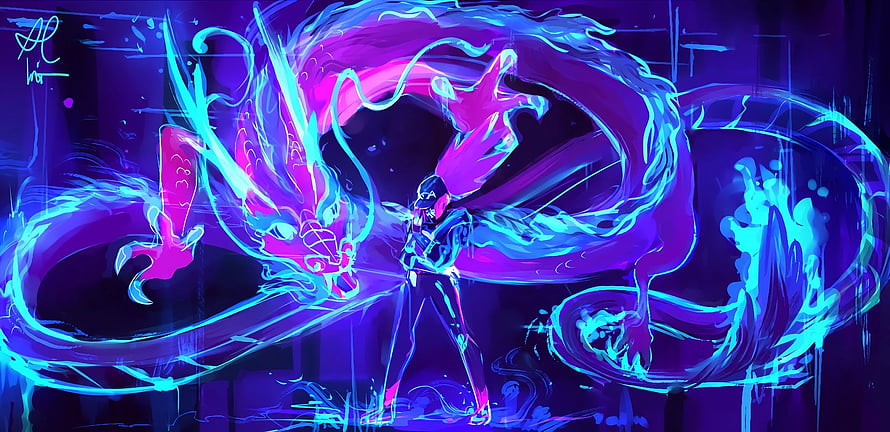 KDA Akali from League of Legends in a vibrant neon cyberpunk illustration with glowing dragon energy HD wallpaper