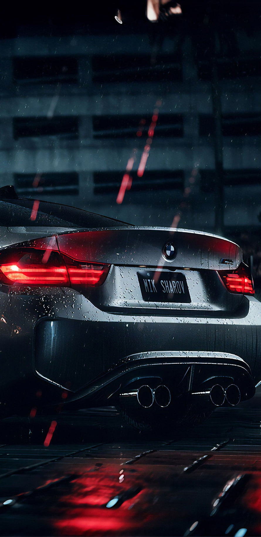 Rear View of a BMW M4 in the Rain with Glowing Red Taillights and Wet Asphalt Reflections HD phone wallpaper