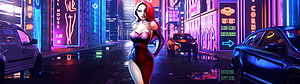 Stylized Woman in Red Dress on Neon-Lit Cyberpunk Street at Night HD wallpaper