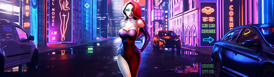 Stylized Woman in Red Dress on Neon-Lit Cyberpunk Street at Night HD wallpaper