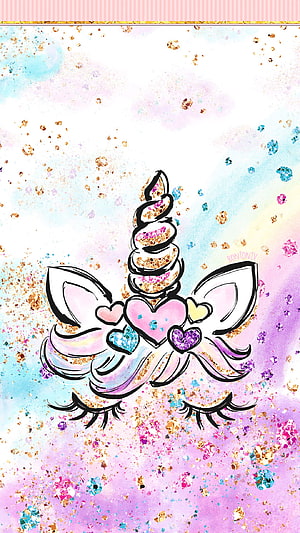 Cute Unicorn Face with Glitter Horn and Hearts on Pastel Watercolor Background HD phone wallpaper