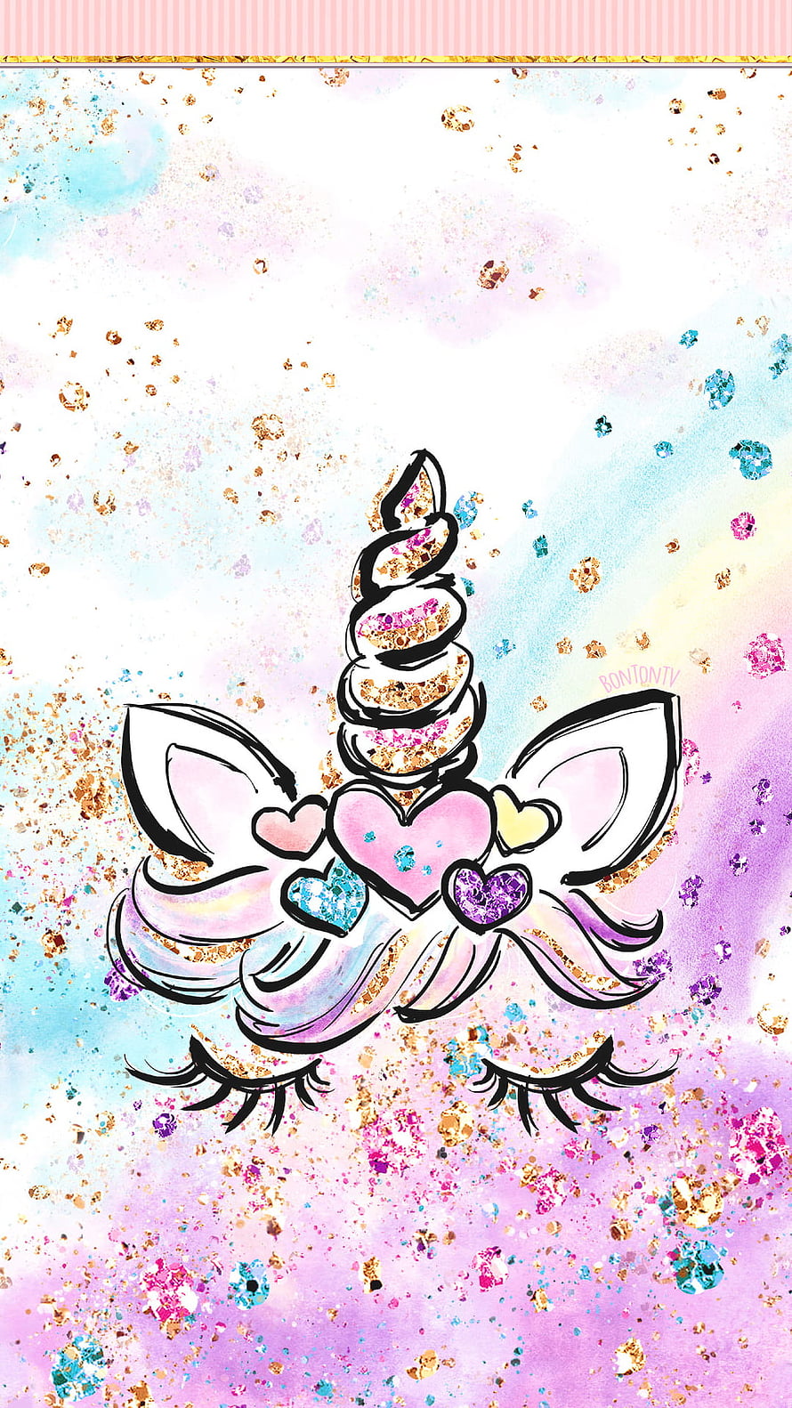 Cute Unicorn Face with Glitter Horn and Hearts on Pastel Watercolor Background HD phone wallpaper