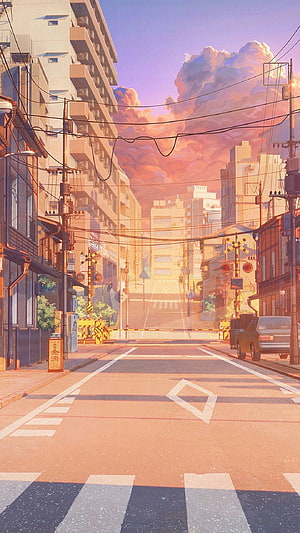 Anime Japanese City Street at Sunset with Railway Crossing and Dramatic Clouds HD phone wallpaper