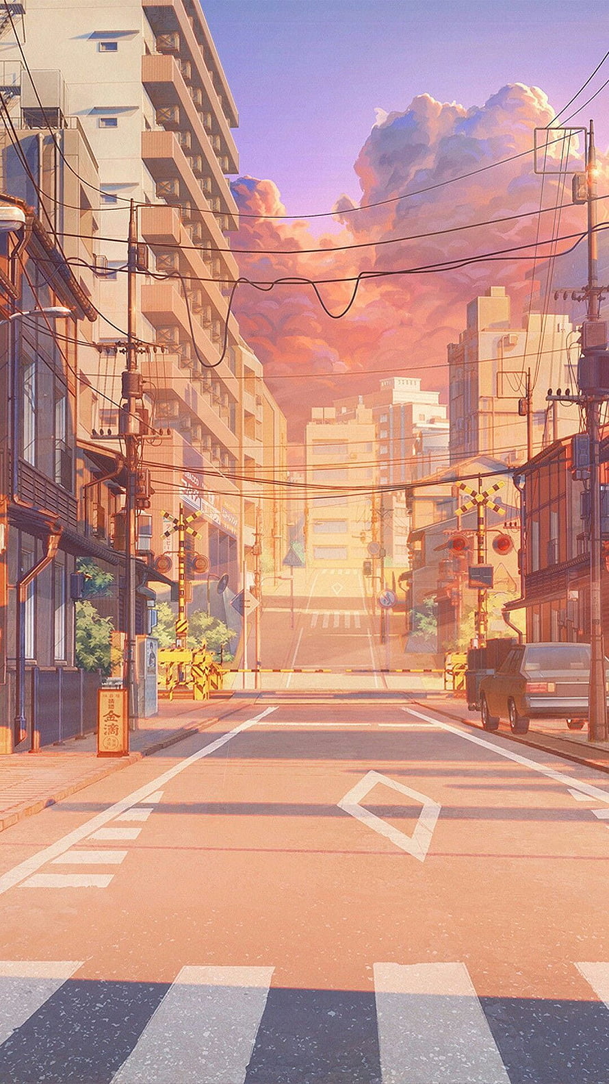 Anime Japanese City Street at Sunset with Railway Crossing and Dramatic Clouds HD phone wallpaper