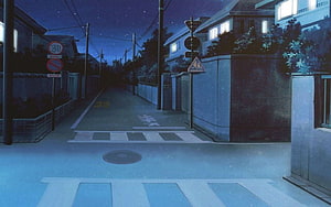 Quiet Japanese Residential Street at Night with Crosswalk and Starry Sky HD wallpaper