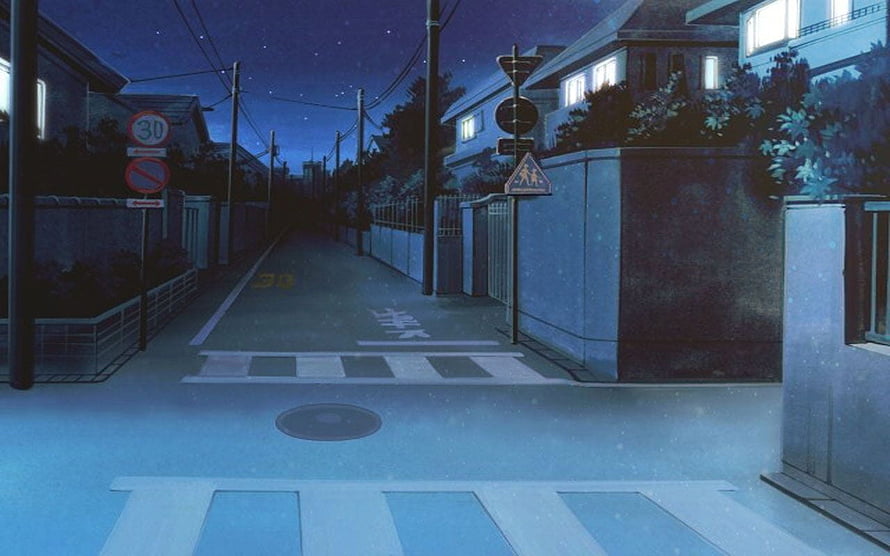 Quiet Japanese Residential Street at Night with Crosswalk and Starry Sky HD wallpaper
