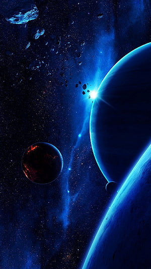 Vast Cosmic Scene Featuring Glowing Planets, Asteroids, and Star Fields in Deep Space HD phone wallpaper