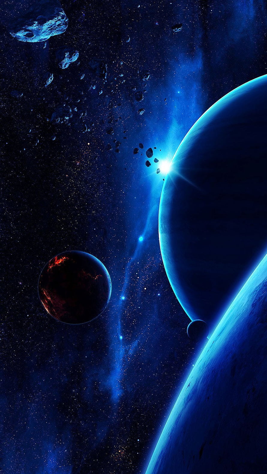 Vast Cosmic Scene Featuring Glowing Planets, Asteroids, and Star Fields in Deep Space HD phone wallpaper