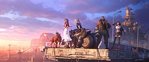 Final Fantasy VII Remake Party Standing on Industrial Platform at Sunset HD wallpaper