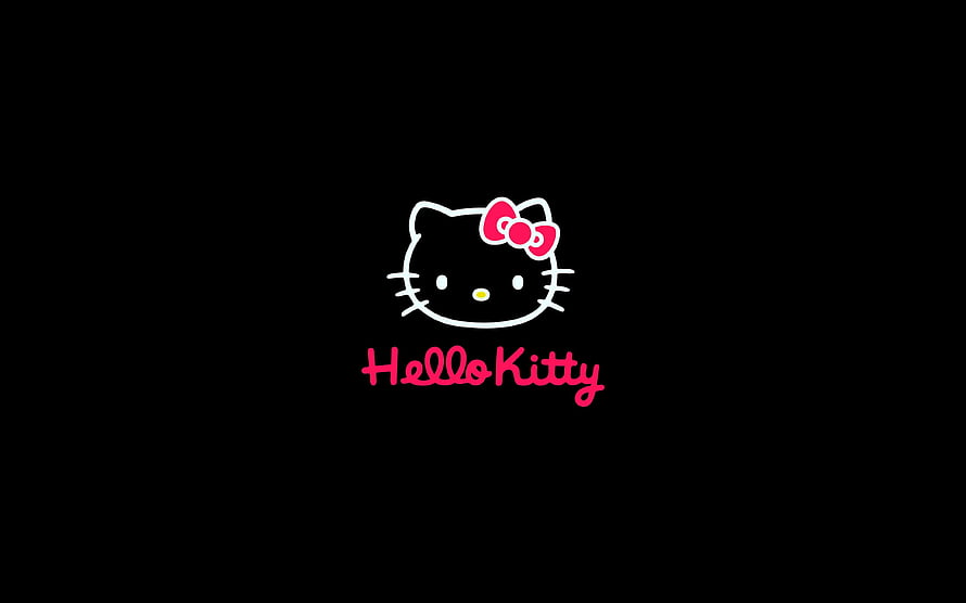 Hello Kitty Classic Logo on Black Background with Pink Bow and Script Text HD wallpaper