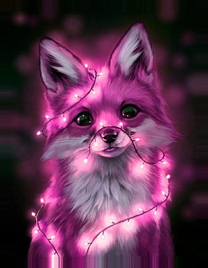 Glowing Pink Fox Wrapped in Fairy Lights Digital Art HD phone wallpaper