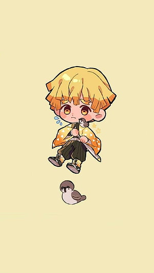 Chibi Zenitsu Agatsuma from Demon Slayer with cute bird companions on soft yellow background HD phone wallpaper