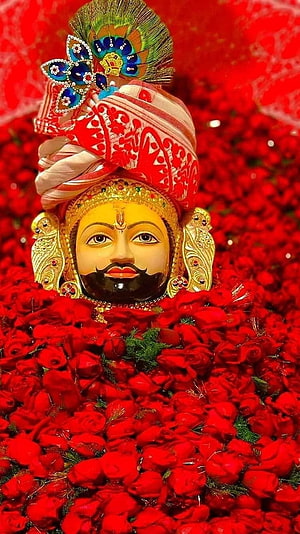Khatu Shyam deity adorned in ornate turban and peacock feather resting on a bed of red roses HD phone wallpaper