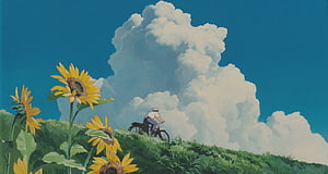 Studio Ghibli Animated Landscape with Sunflowers and Cyclist Under Dramatic Clouds HD wallpaper
