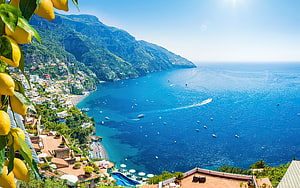 Positano Amalfi Coast View With Lemon Trees And Turquoise Mediterranean Sea HD wallpaper