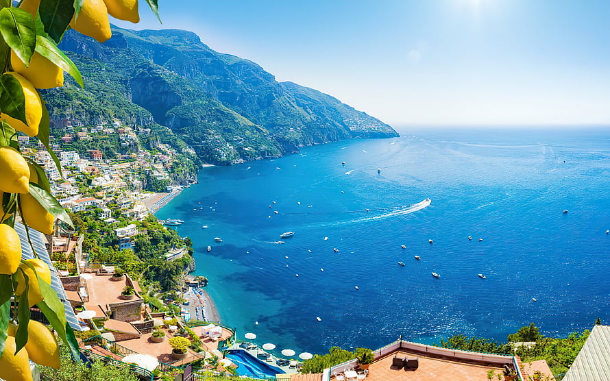 Positano Amalfi Coast View With Lemon Trees And Turquoise Mediterranean Sea HD wallpaper