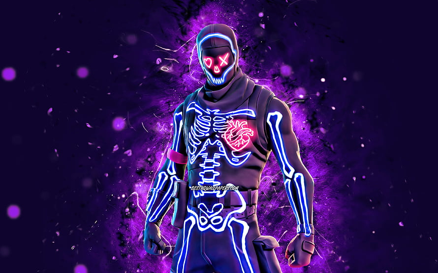 Fortnite Party Trooper Skin with Neon Skeleton and Glowing Heart HD wallpaper