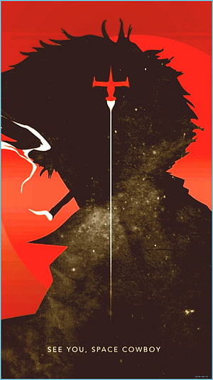 Cowboy Bebop Spike Spiegel Silhouette with Red Cross Sword and Space Cowboy Text HD phone wallpaper