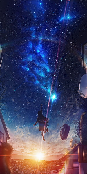 Anime Girl Reaching for a Starry Night Sky Above a Sunset Town HD phone wallpaper