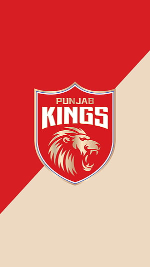 Punjab Kings Cricket Team Emblem with Golden Lion Crest on Red and Beige Diagonal Background HD phone wallpaper