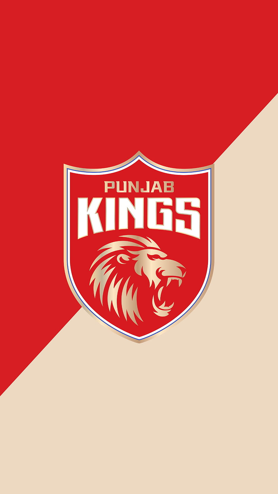 Punjab Kings Cricket Team Emblem with Golden Lion Crest on Red and Beige Diagonal Background HD phone wallpaper