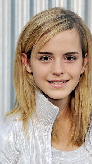 Emma Watson Portrait in White Jacket with Blonde Hair and Soft Smile HD phone wallpaper