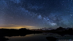 Milky Way Galaxy Arching Over Snow-Capped Mountain Range and Calm Lake Reflection at Night HD wallpaper