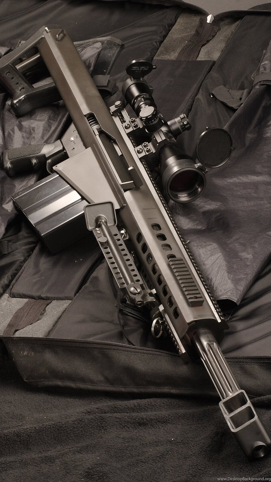 Barrett M82A1 .50 Caliber Sniper Rifle with Scope on Black Tactical Bag HD phone wallpaper