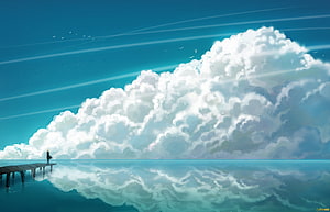 Serene Anime Landscape Featuring a Solitary Figure on a Pier Before a Massive Cloud Formation HD wallpaper