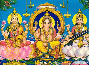 Lakshmi Ganesha Saraswati Triad on Lotus Thrones with Golden Halos and Diyas HD wallpaper