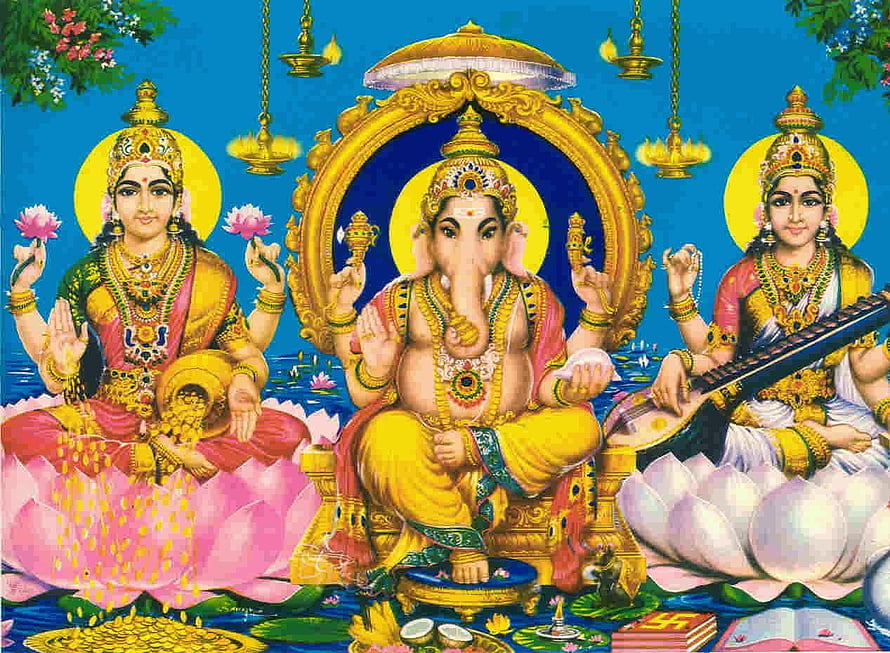 Lakshmi Ganesha Saraswati Triad on Lotus Thrones with Golden Halos and Diyas HD wallpaper