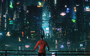 Altered Carbon Futuristic Cityscape with Silhouette on Rooftop HD wallpaper