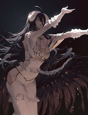 Albedo from Overlord in a White Dress with Black Wings and Golden Jewelry HD phone wallpaper
