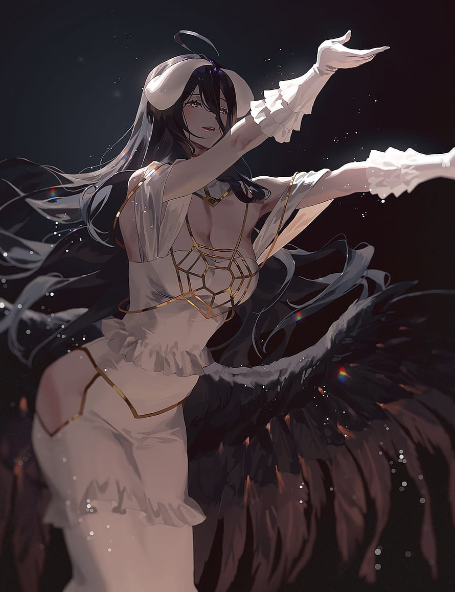 Albedo from Overlord in a White Dress with Black Wings and Golden Jewelry HD phone wallpaper