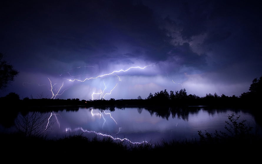 Dramatic Night Lightning Storm Over a Calm Lake with Perfect Reflections HD wallpaper