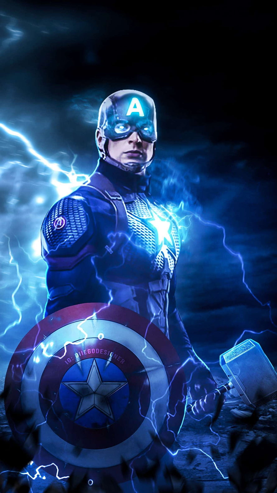 Captain America Wielding Mjolnir and Shield Amidst Blue Lightning HD phone wallpaper